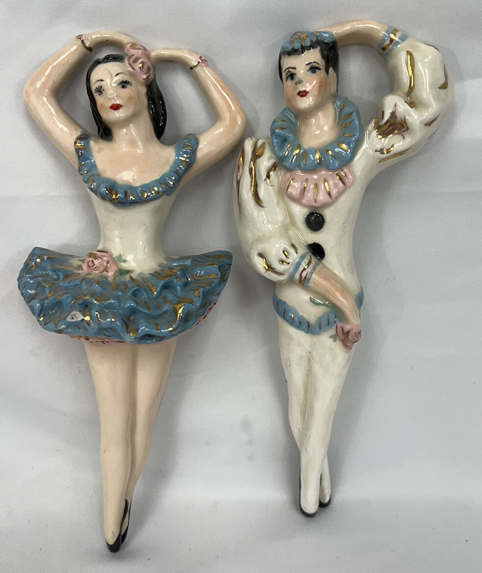 Vintage Chalkware Ballet Dancers Mid Century Pink Blue Wall Art