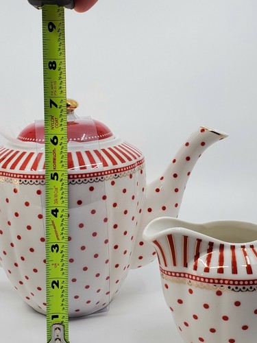 Grace's Teaware Josephine rot gepunktet & Streifen Teekanne Zuckerdose Milchkännchen - Bild 4 von 9