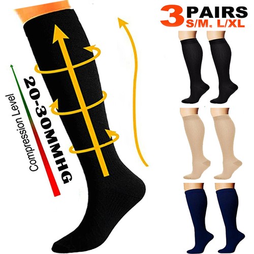 Unisex Compression Socks - 20-30 mmHg Black/Blue/Beige (3 Pairs) - Picture 4 of 15
