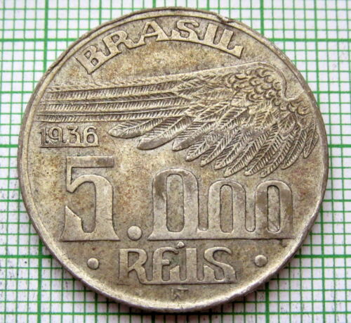 BRAZIL 1936 5000 REIS, SANTOS DUMONT - AVIATION PIONEER, SILVER - Picture 1 of 4