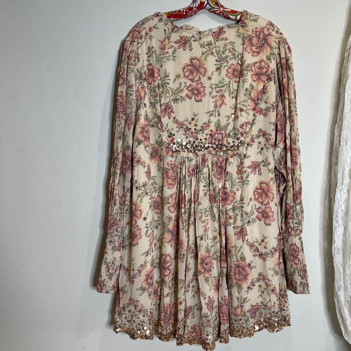 Free People Bali Golden Sun Printed Embellished Beaded Party Mini Dress XL  | eBay