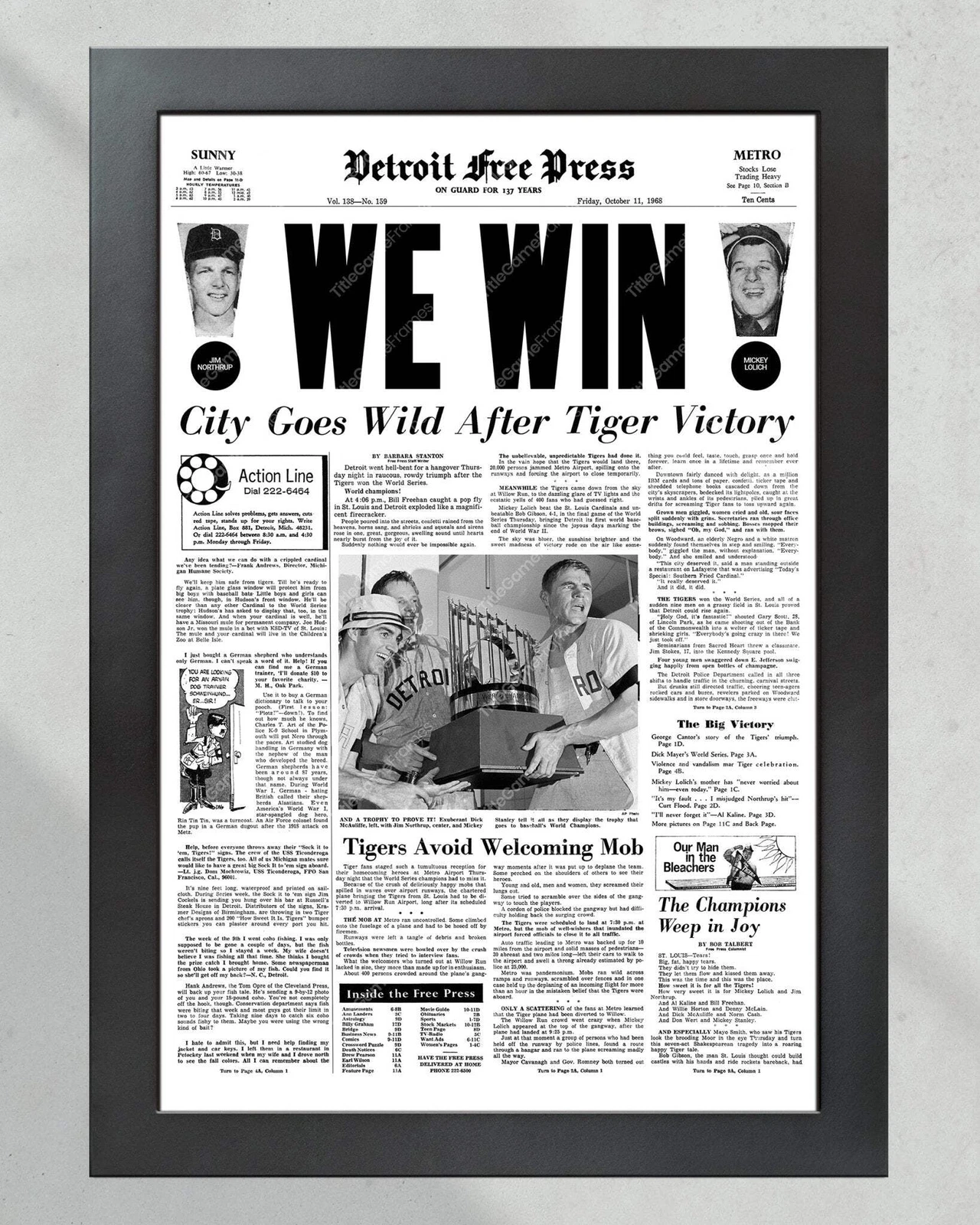 1968 Detroit Tigers World Series Champions UnFramed Front Page Newspaper Print