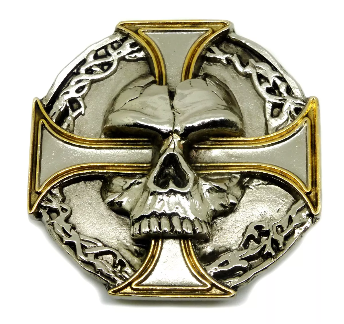 Skull Belt Buckle Silver Cross Gothic Heavy 24ct GOLD Authentic