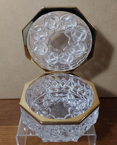 Baccarat Style Hinged Glass Crystal Diamond Cut Trinket Jewelry Box Octagon Gold - Picture 7 of 9