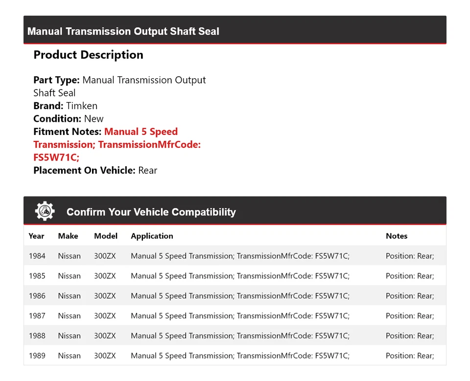 For 1984-1989 Nissan 300ZX Manual Transmission Output Shaft Seal Rear Timken - Image 2 of 4