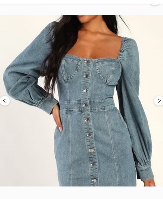 Emory Park Trending Sweet Blue Denim Balloon Sleeve Mini Dress with Pockets Smal