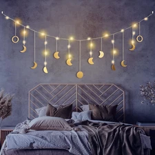 Moon Phase Wall Decor with LED String Light, 13 Gold Wood Boho Wall Hanging Deco