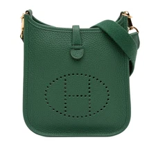 Authenticated Hermès Clemence Evelyne TPM Green Calf Leather Crossbody Bag