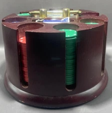 Vintage Rotating Poker Chip Caddy with Brass Handle, Chips and Playing Cards