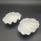 Pair Frankoma T9 Cream Glazed Pottery Footed Nautical Half Clam Shell Dish Bowls