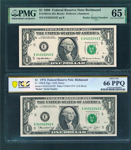 $1.00 1974 & 1999 FRN's~"IDENTICAL(TRUE-EE Blocks)Matching RADARS"~Graded SET!!
