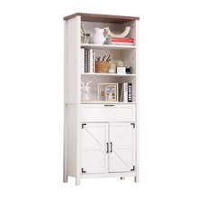 72 in White Farmhouse Bookshelf with Doors Drawers Multi-Tier Adjustable