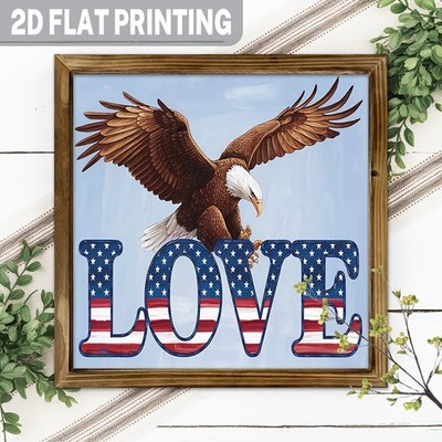 LOVE American Flag Bald Eagle Wooden Plaque 4th of July Patriotic Wall Decor