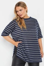 Image of YOURS Curve Navy Blue Metallic Stripe Boxy T-Shirt - Size 16 - BNWT - RRP £15.99