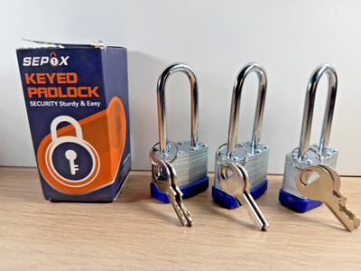 3 x SEPOX 40 MM langer Bügel Vorhängeschloss Stahlblech Schloss gleichschließend - EINZIGARTIGE SCHLÜSSEL