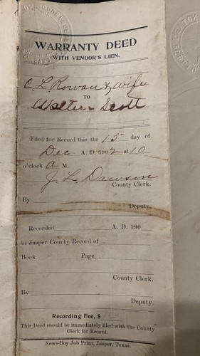 1902 Jasper County Texas Land Deed - Picture 2 of 4