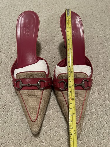 GUCCI MONOGRAM CANVAS HORSEBIT RASBERRY PIPING MULE HEELS - Sz 6.5, Auth, Preown - Picture 11 of 14