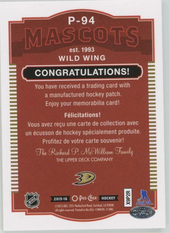 2015-16 O-PEE-CHEE Wild Wing MASCOTS PATCH P-94 Ultra Rare! - Image 2 of 2