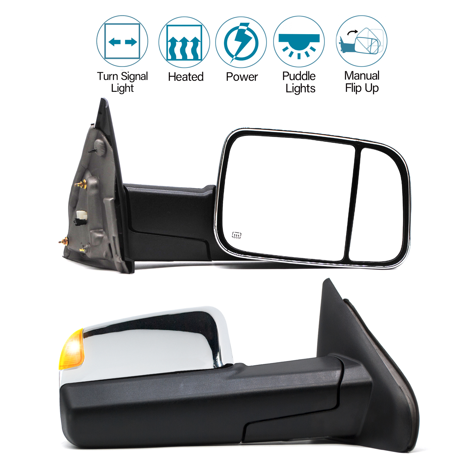 2002-2008 Dodge Ram 1500 Power Towing Mirrors with Turn Signal Chrome Caps LH RH