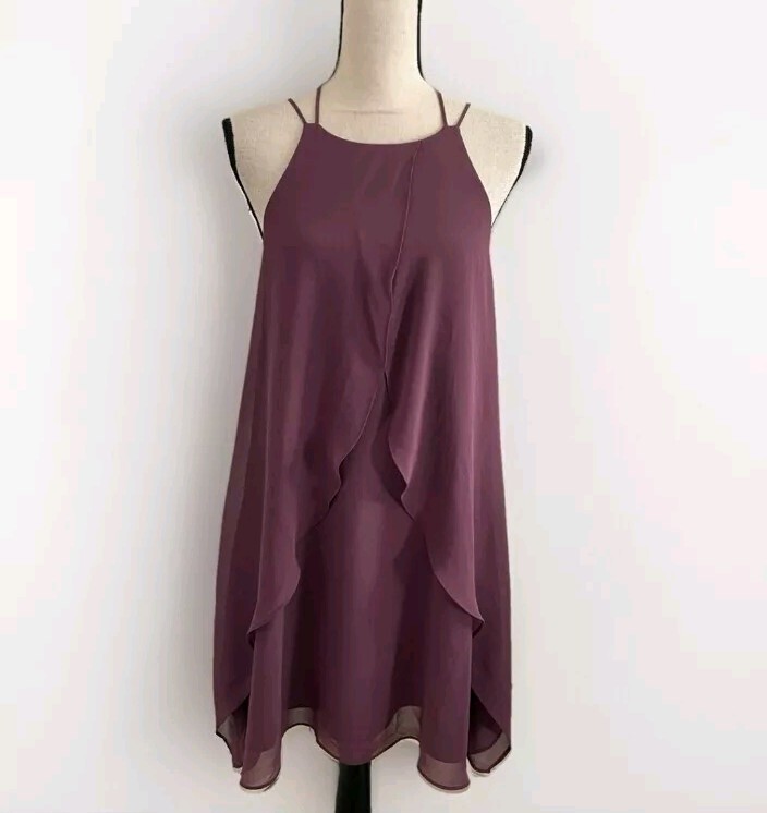 BCBGeneration Mesh Babydoll Dress Women Sz L Purple Flowy Layered TieBack  New | eBay