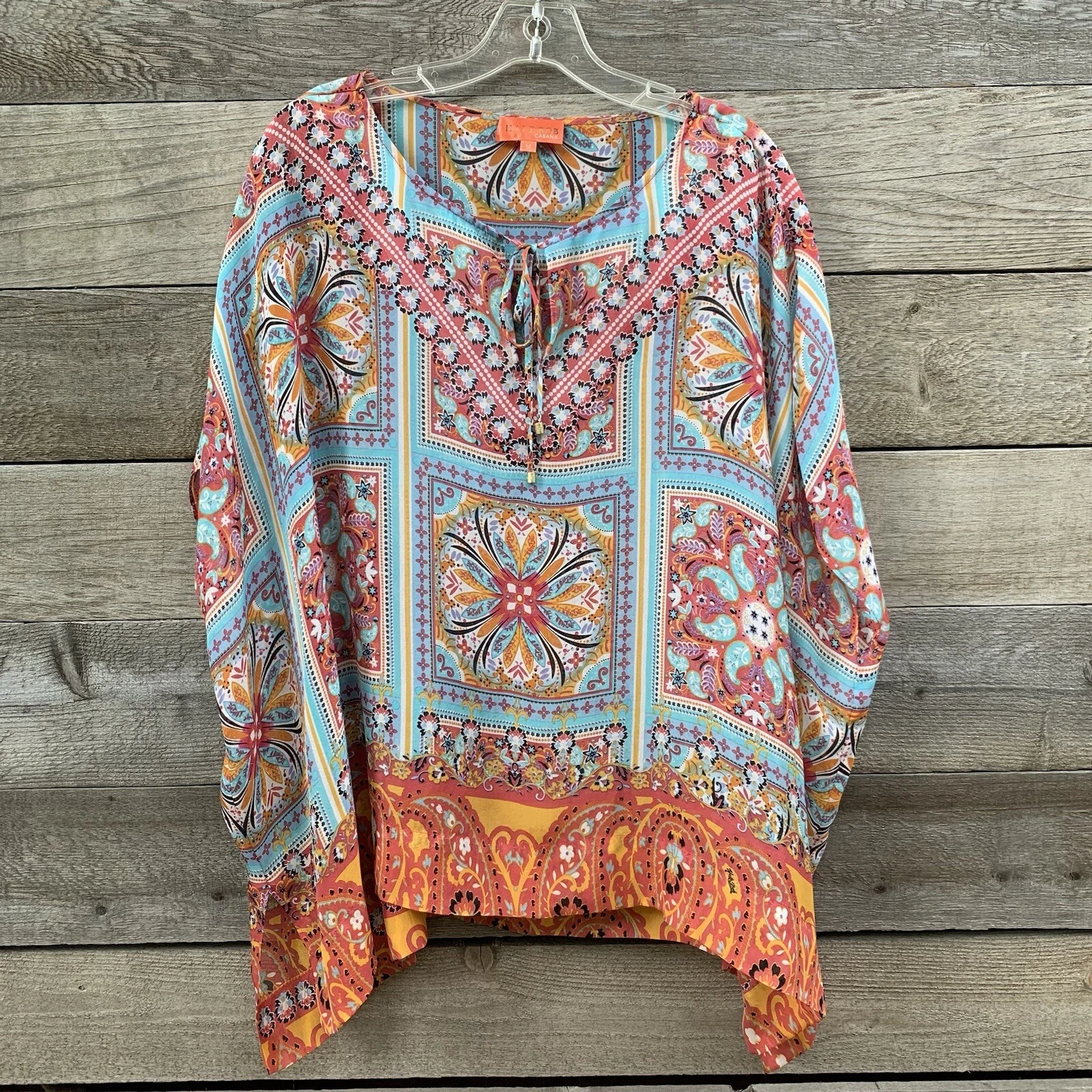 Hale Bob Cabana Poncho Blouse Top Silk Boho Scarf Print Semi Sheer Womens 1 Sz