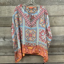 Hale Bob Cabana Poncho Blouse Top Silk Boho Scarf Print Semi Sheer Colorful 1 Sz