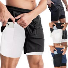 Men 2 in 1 Sport Stretch Shorts Quick Dry Athletic Workout with Phone Pockets US
