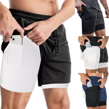 Men 2 in 1 Sport Stretch Shorts Quick Dry Athletic Workout with Phone Pockets US