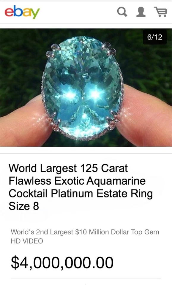 Самое большое в мире коктейльное платиновое кольцо с аквамарином 125 карат, размер 8 - Изображение 2 из 4