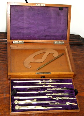 Antique Vintage Walnut Box Draftsman Drawing Set Geometry Technical Engineering