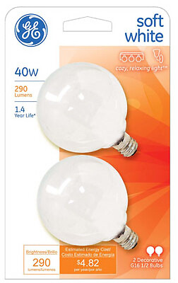 GE 44414 Globe Light Bulb, White, 40 Watt, 120-Volt, 2 In.-Diameter, 2-Pk. - - Picture 1 of 2