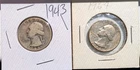 Washington Silver Quarters, 1943-D & 1964-P ($0.50 face), 90% Silver