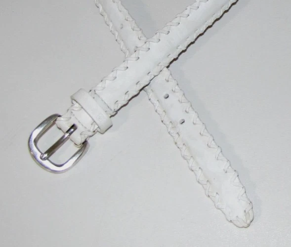 Cinturón de cuero blanco Lauren Ralph Lauren cosido al látigo tono plateado hebilla Wm.28-32" Foto 2 de 4