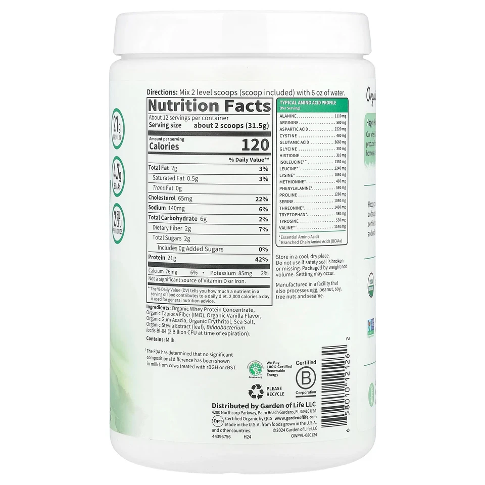 Proteína de suero orgánica, alimentada con pasto, vainilla, 13,33 oz (378 g) Foto 2 de 3