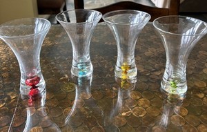 4 Vintage Pier One Hand Blown Colored Bubble Double Martini /Shot Glasses 4”