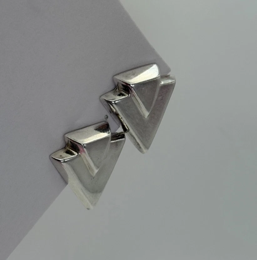 Zina Sterling Silver 925 Modernist Chevron Earrings 2", Pierced Omega Backs - Image 3 of 4