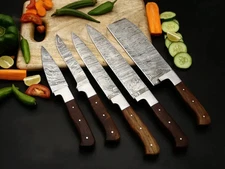 5pc Handmade Damascus Chef Knife Set with Rosewood Handle & Leather Roll