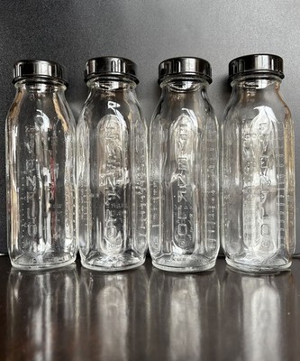 Vintage Pyrex Evenflow Glass Baby Bottles 8 oz w/ Ring, cap set of 4 collectable