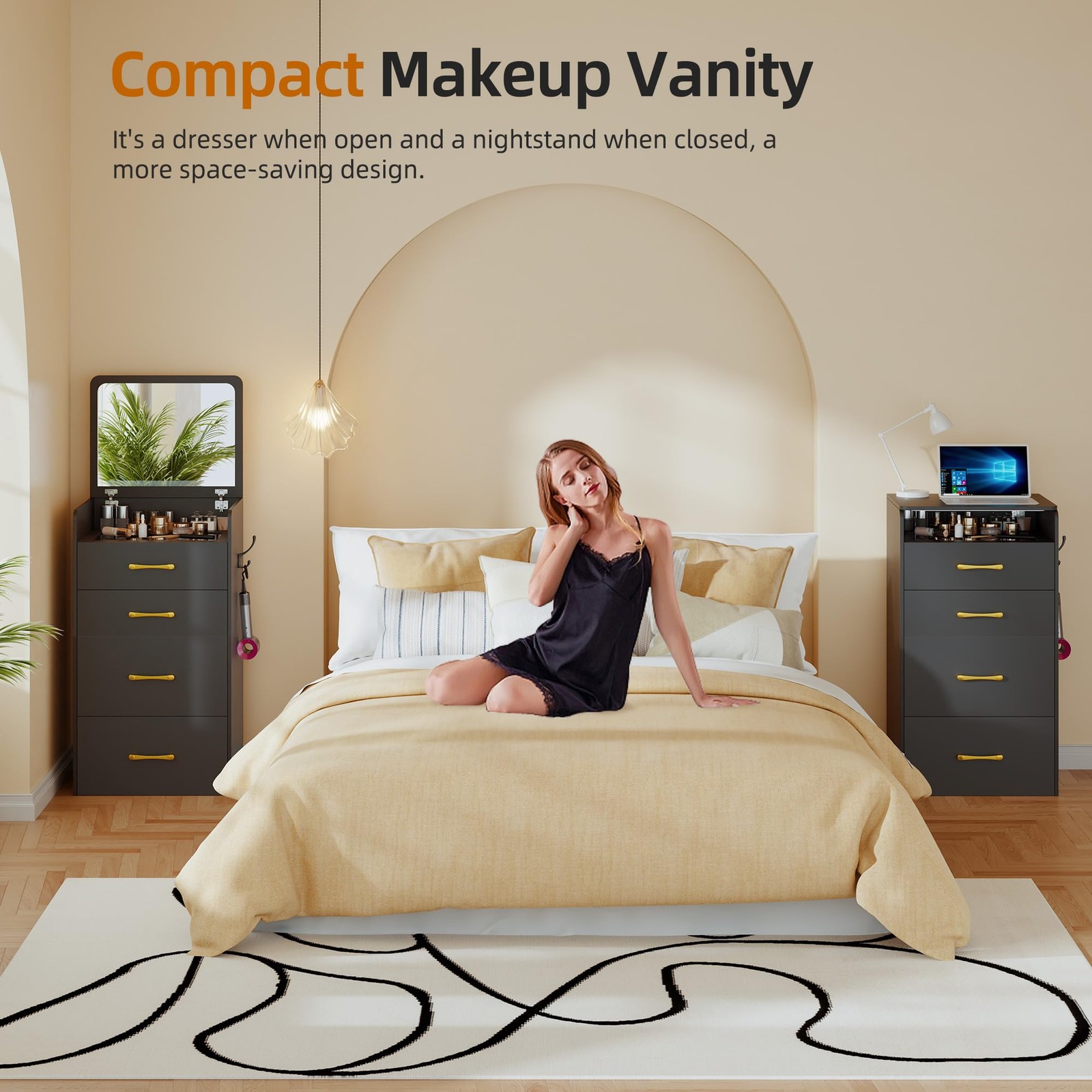 Gurexl 3 in 1 Vanity Desk with Flip Top Mirror for Bedroom,Small Compact Vani...