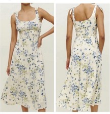 REFORMATION Darby Floral Print Tie Strap Midi Dress In Blue Floral Sz L Dainty