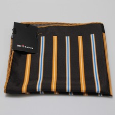 Kiton NWT 100 Silk Pocket Square In Brown with Orange / Blue / White Stripes