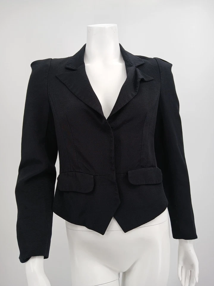 Blazer Vivienne Tam Mujer Negro Rayón Talla 4 Bolsillos Cortos Botones a Presión Rojo Lbl Foto 2 de 4