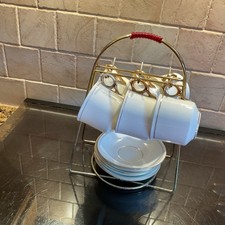 6 White China Teacups And Saucers  With Gold Colour Decor On Rim And Handles