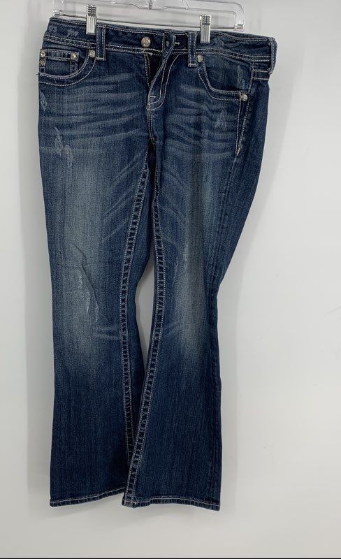Miss Me Womens Blue Crystal Fleur-De-Lis Medium Wash Bootcut Leg Jeans Size 30