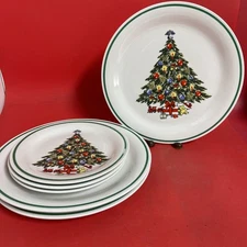 Lynns Holy Tree Christmas Tree Green Band  Dinner Plates & Salad Plate Lot of 6