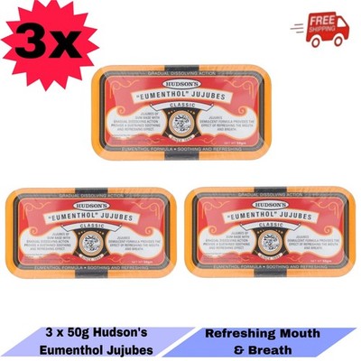 3 X Hudson's Eumenthol Jujubes Classic 50g for Refreshing the Mouth and Breath