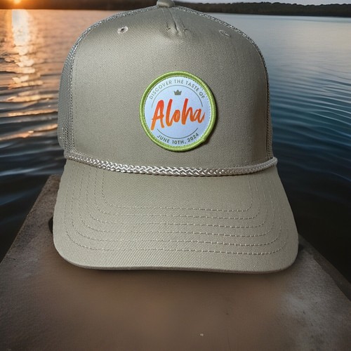 BILLABONG CAP HAT/ DISCOVER THE TASTE OF ALOHA JUNE 10TH 2024 TAN W/ROPE TRIM.