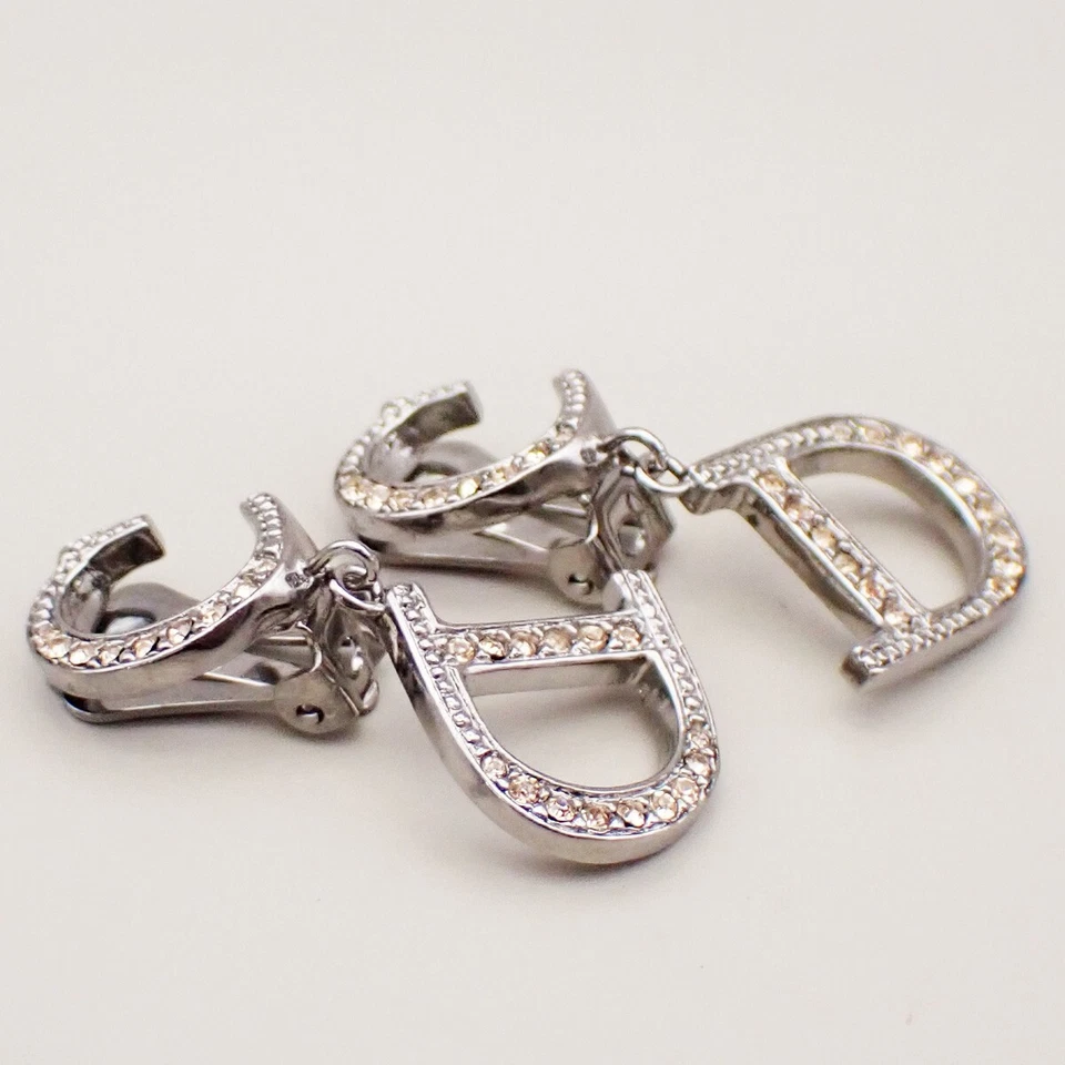CHRISTIAN DIOR CD Logo Rhinestone Drop Earrings Clip-On Silver Accesory 05YH196 - Image 3 of 4