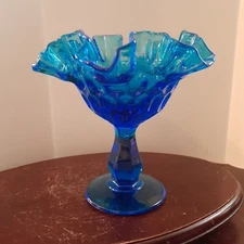 Fenton Ruffle Top Thumbprint Compote Blunique Blue, 6" mouth, 6.5" tall