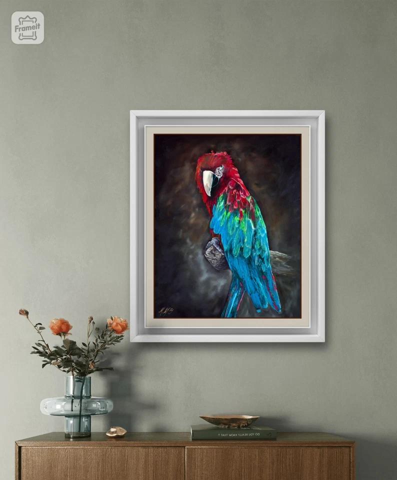🔵 Greenwing macaw / Original Painting Bird Blue, Green, Red Love Art Decor - Image 4 of 4